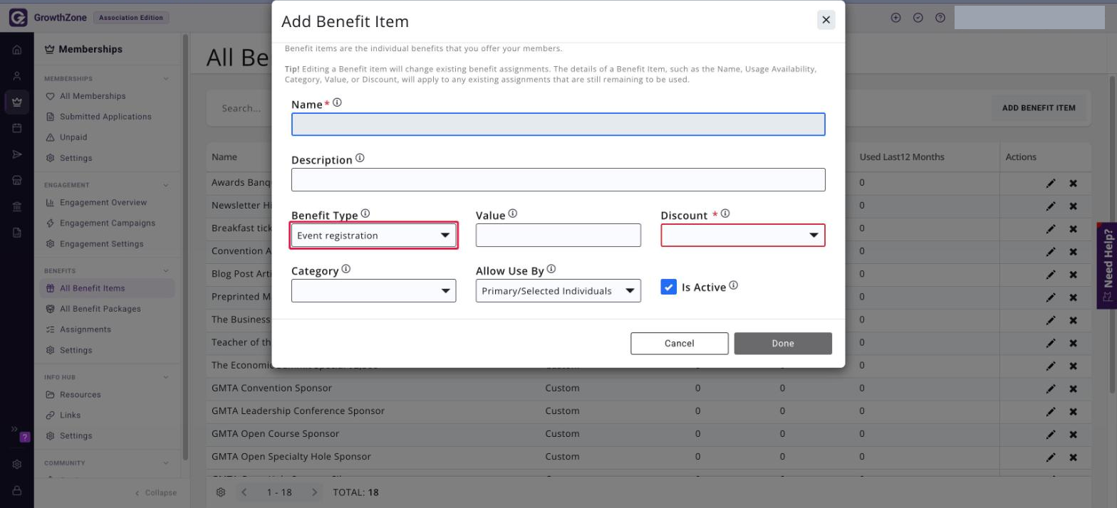 Add Benefit Item dialog with Benefit Type set to Event registration and the Benefit Type list boxed in red, showing the Discount and Allow Use By fields
