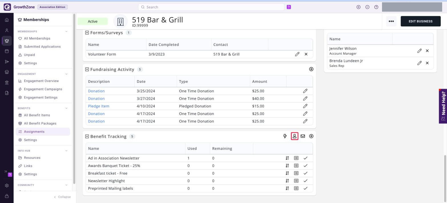 Benefit Tracking section of a contact record Overview tab with the person icon boxed in red