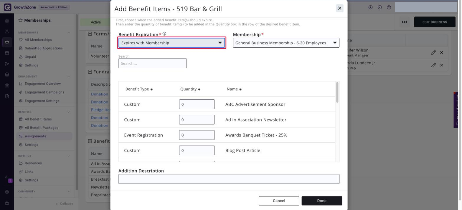 Add Benefit Items screen with the Benefit Expiration field boxed in red, showing Expires with Membership selected