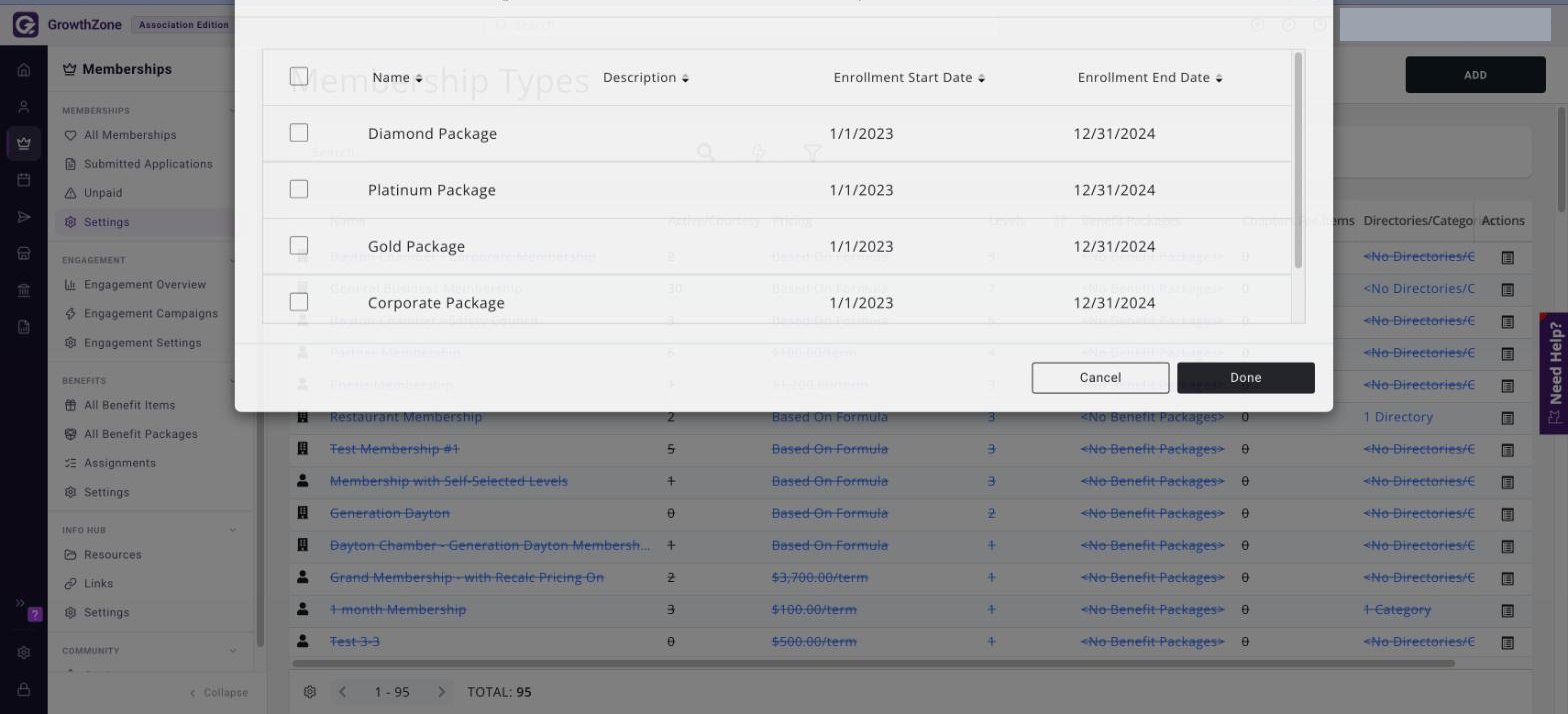 Associate Benefit Package screen for a membership type, listing the available packages with checkboxes