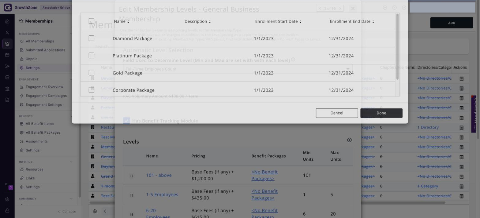 Associate Benefit Package screen for a membership level, listing the available packages with checkboxes