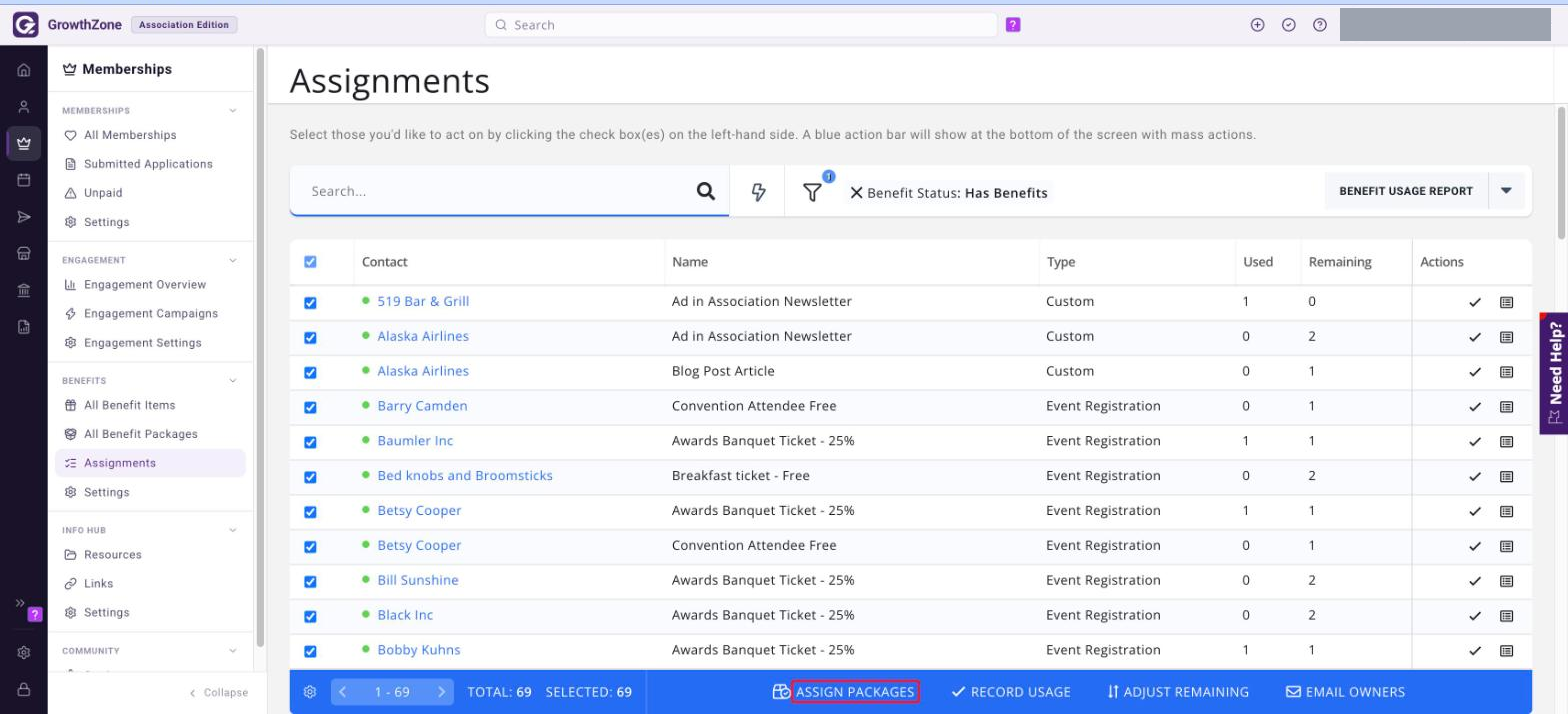 Assignments page with every row selected and the ASSIGN PACKAGES item on the blue action bar boxed in red