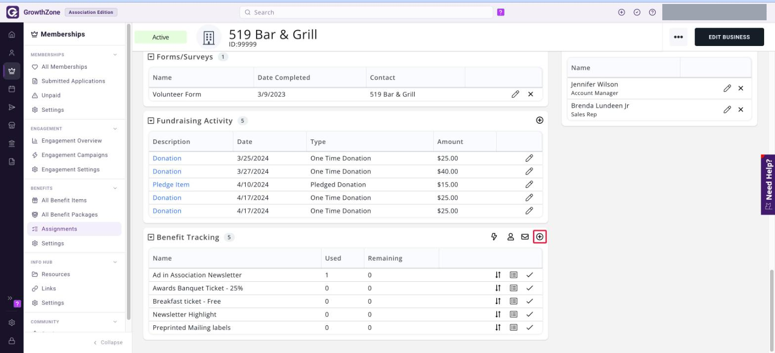Benefit Tracking section of a contact record Overview tab with the plus icon in the section heading boxed in red