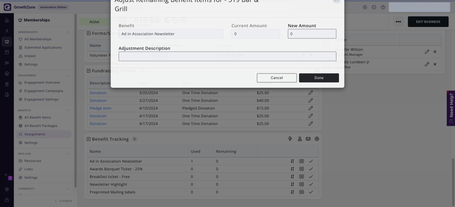 Adjust Remaining Benefit Items screen showing the Benefit, Current Amount, New Amount and Adjustment Description fields