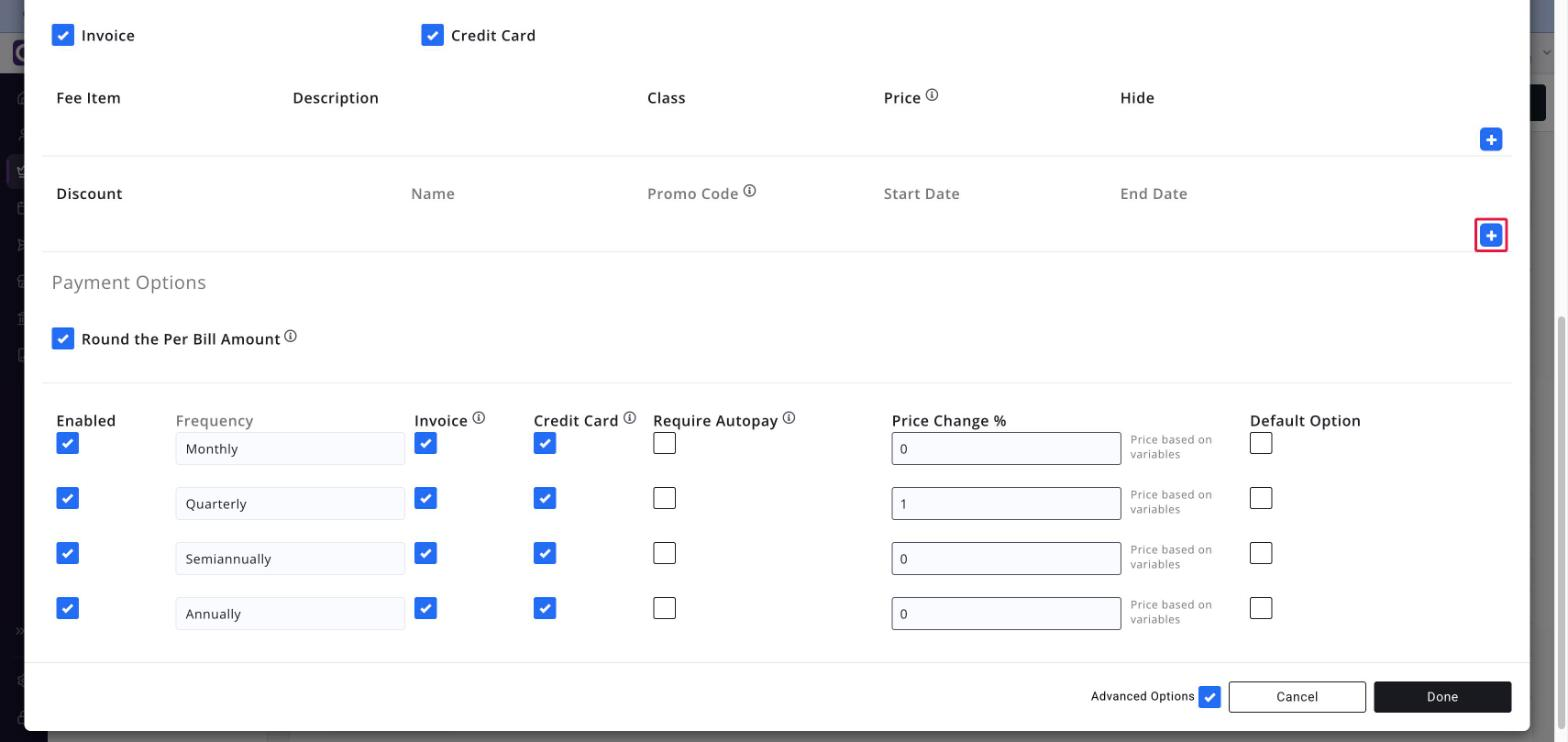 Pricing screen Discount section with the Name, Promo Code, Start Date and End Date columns and the add button boxed in red