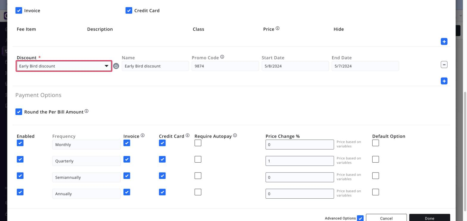 Pricing screen with a discount selected in the Discount list, boxed in red, and its promo code showing