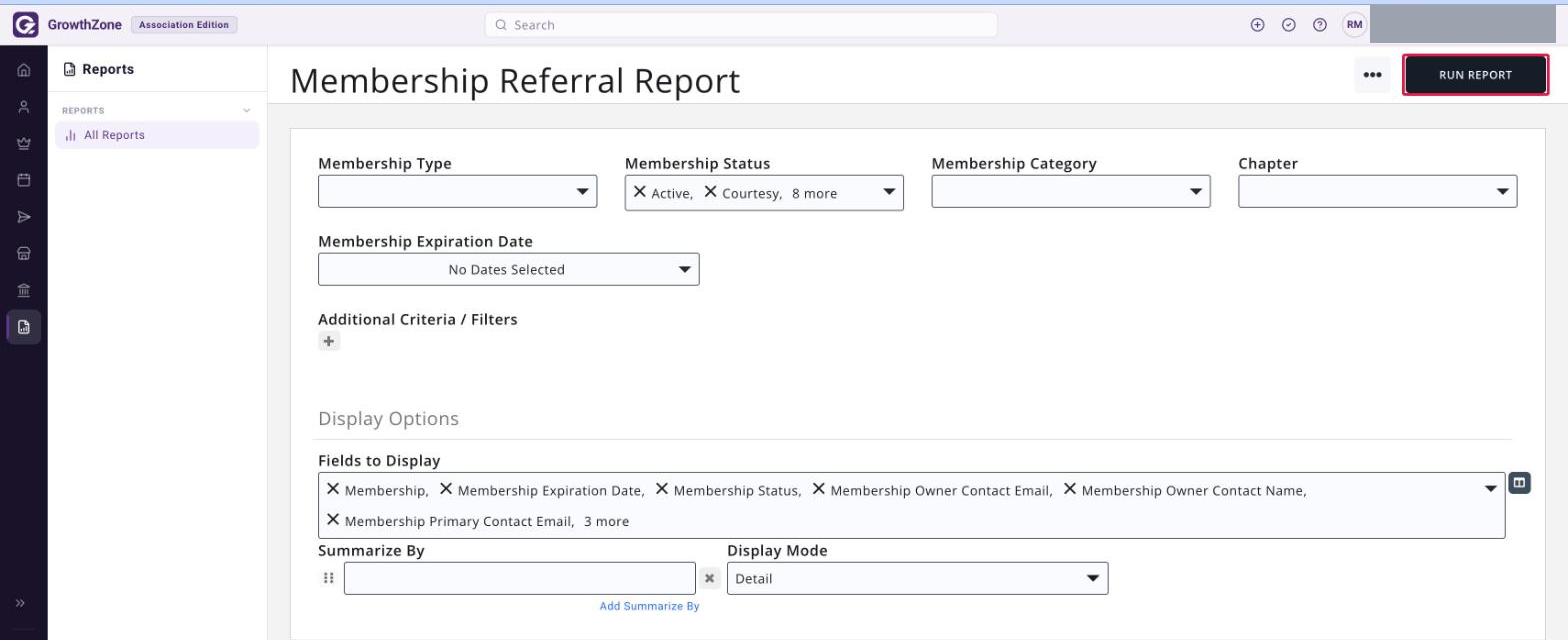 Membership Referral Report criteria page showing the filter and Display Options fields with the RUN REPORT button boxed