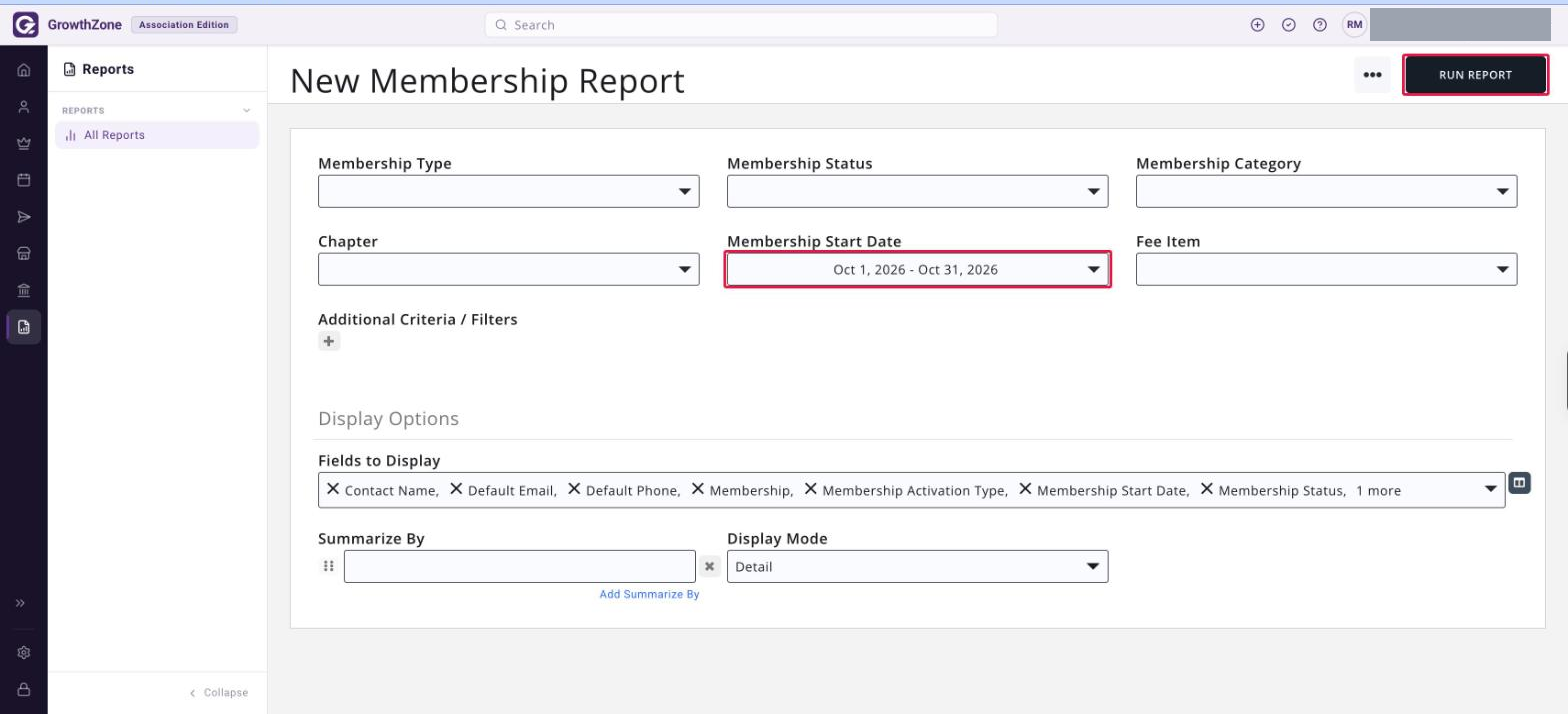 New Membership Report criteria screen with the Membership Start Date range and the RUN REPORT button boxed in red