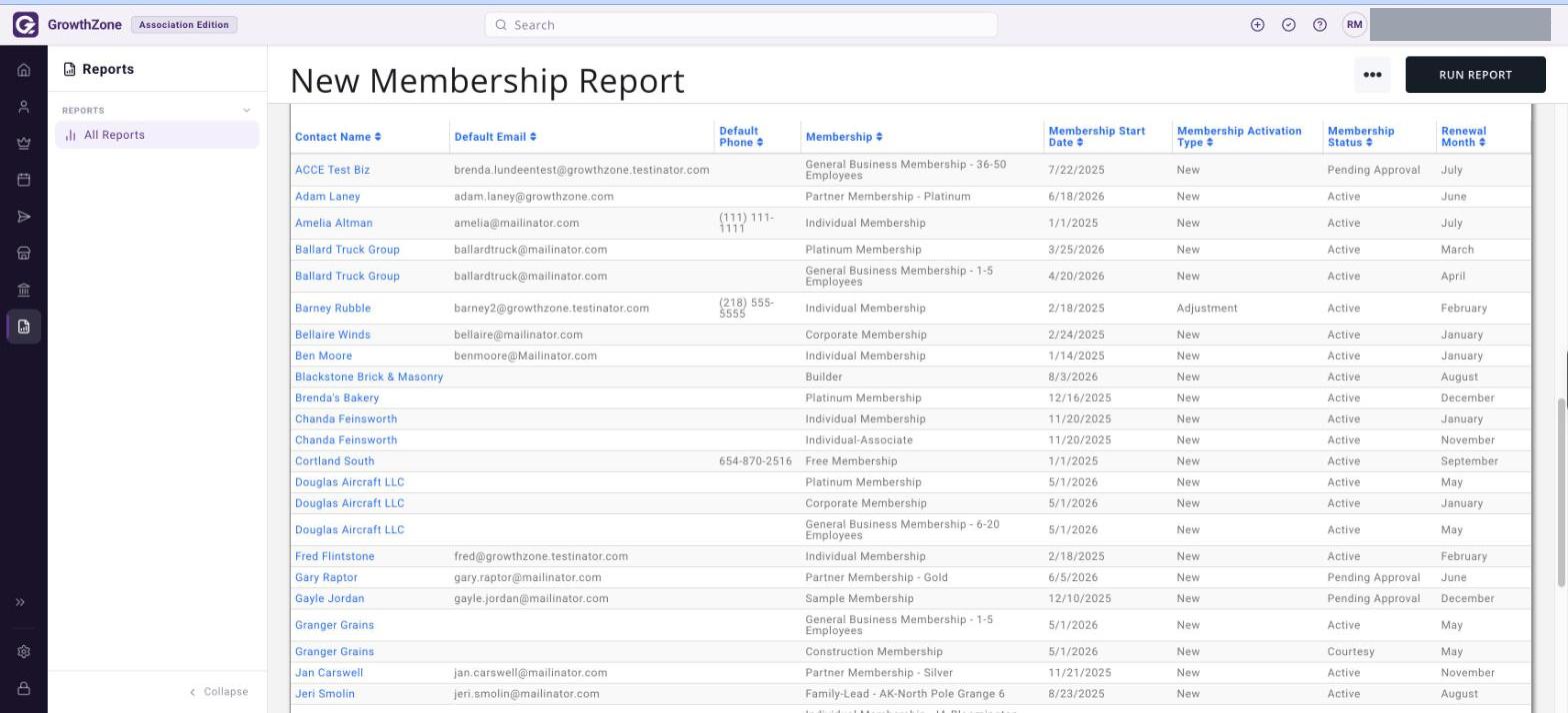 New Membership Report results grid listing contact name, membership, membership start date and membership status
