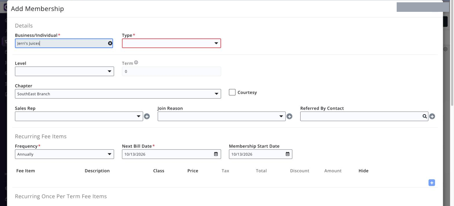 Add Membership screen showing the Details section with Business/Individual, Type, Level, Term, Chapter, Courtesy, Sales Rep, Join Reason and Referred By Contact