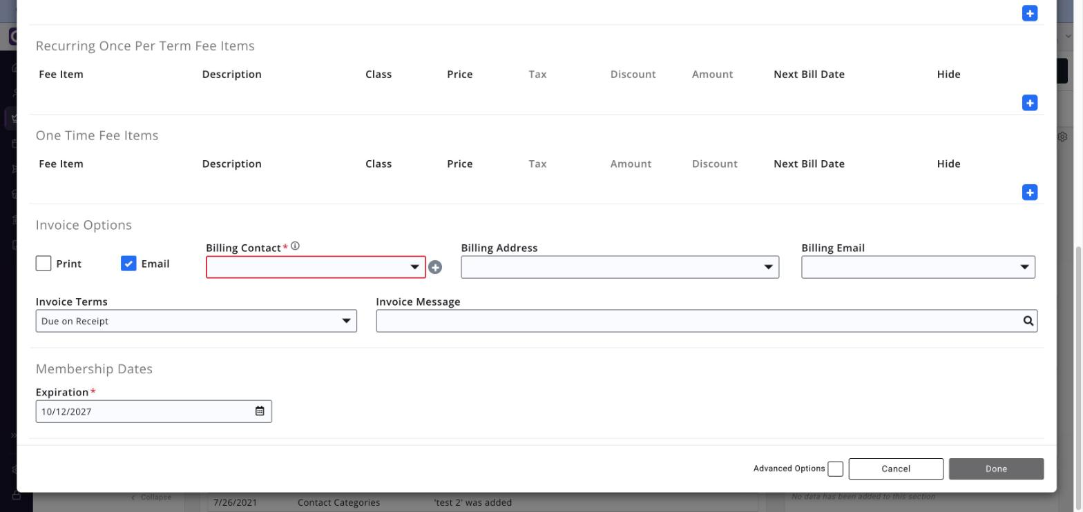 Add Membership screen showing the Invoice Options and Membership Dates sections and the Advanced Options check box beside Cancel and Done