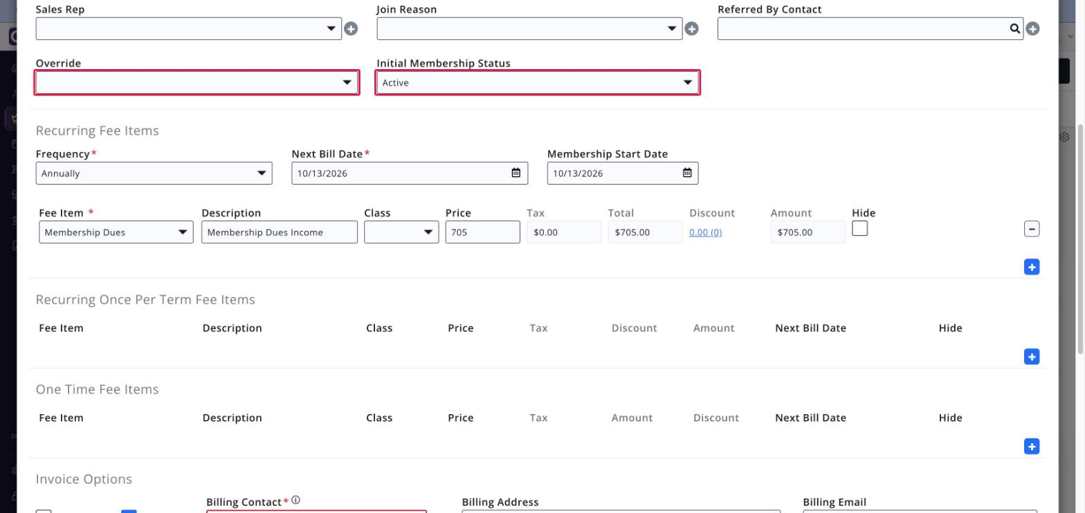 Add Membership Details section with Advanced Options ticked, showing the Override and Initial Membership Status fields boxed in red