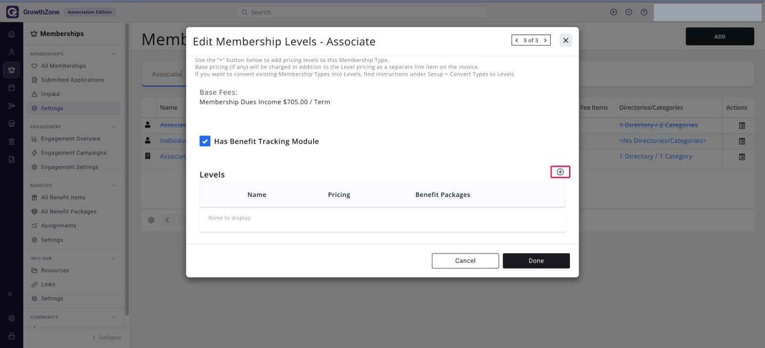 Edit Membership Levels window with the add (+) button beside the Levels heading boxed
