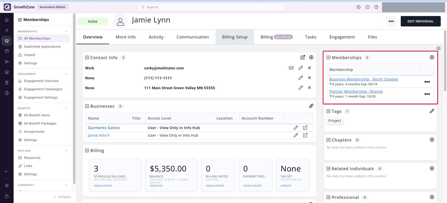 Contact record Overview tab with the MEMBERSHIPS section boxed, showing a membership name rendered as Type + Level