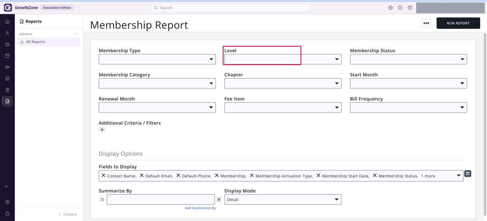 Membership Report criteria page with the LEVEL drop-down boxed