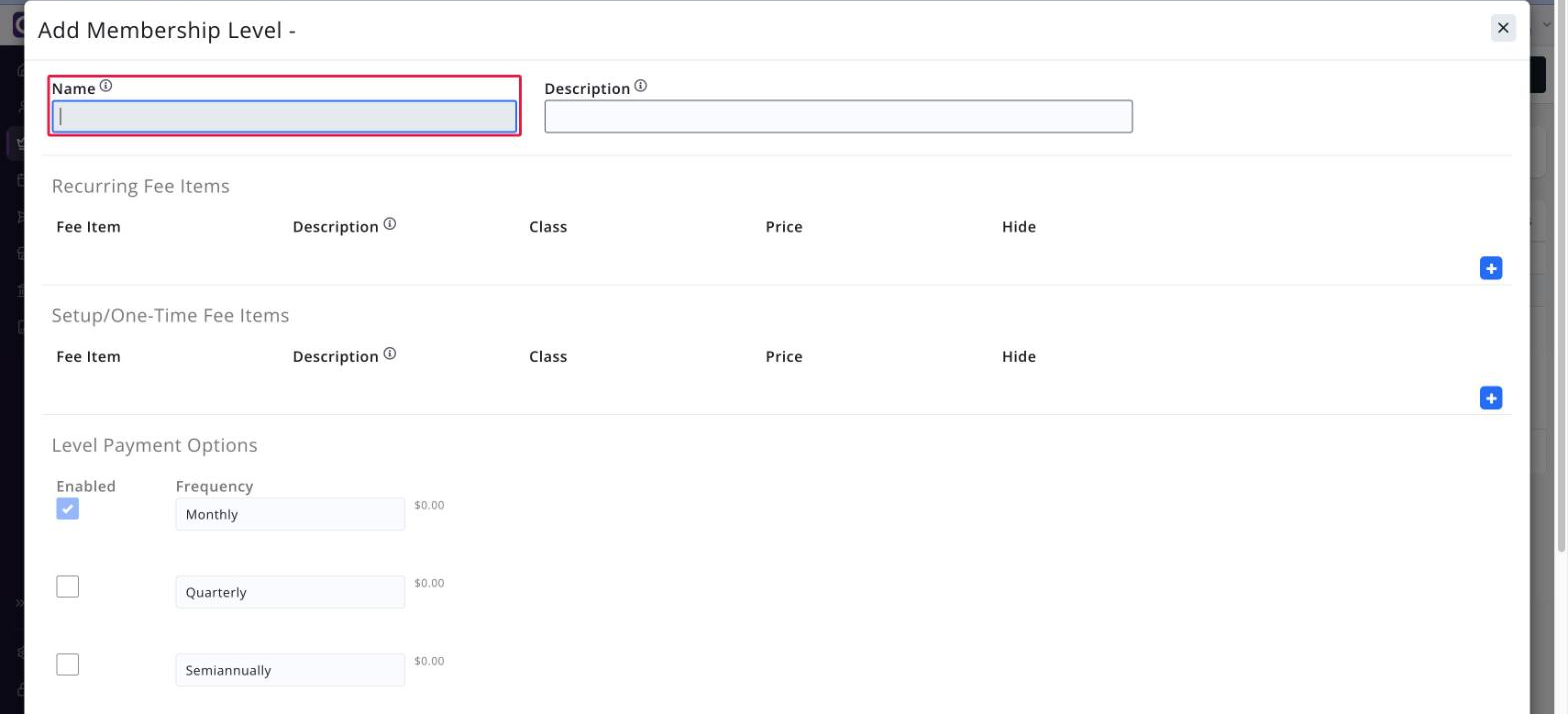 Add Membership Level dialog with the NAME field boxed
