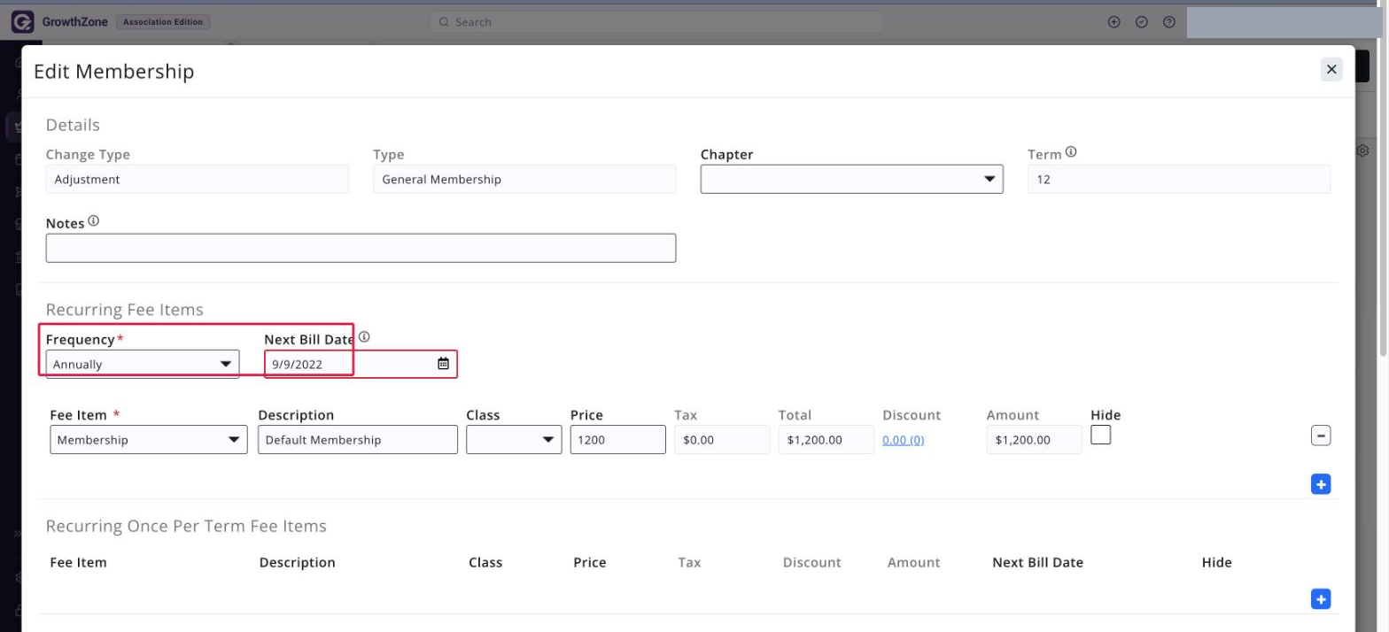 Edit Membership window, Recurring Fee Items section, with the FREQUENCY and NEXT BILL DATE controls boxed