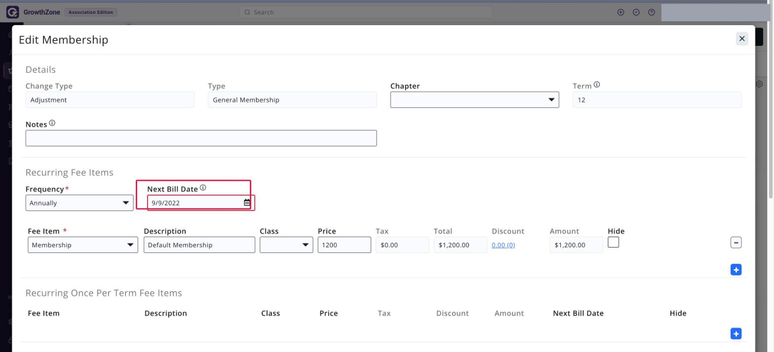Edit Membership window with the NEXT BILL DATE field boxed