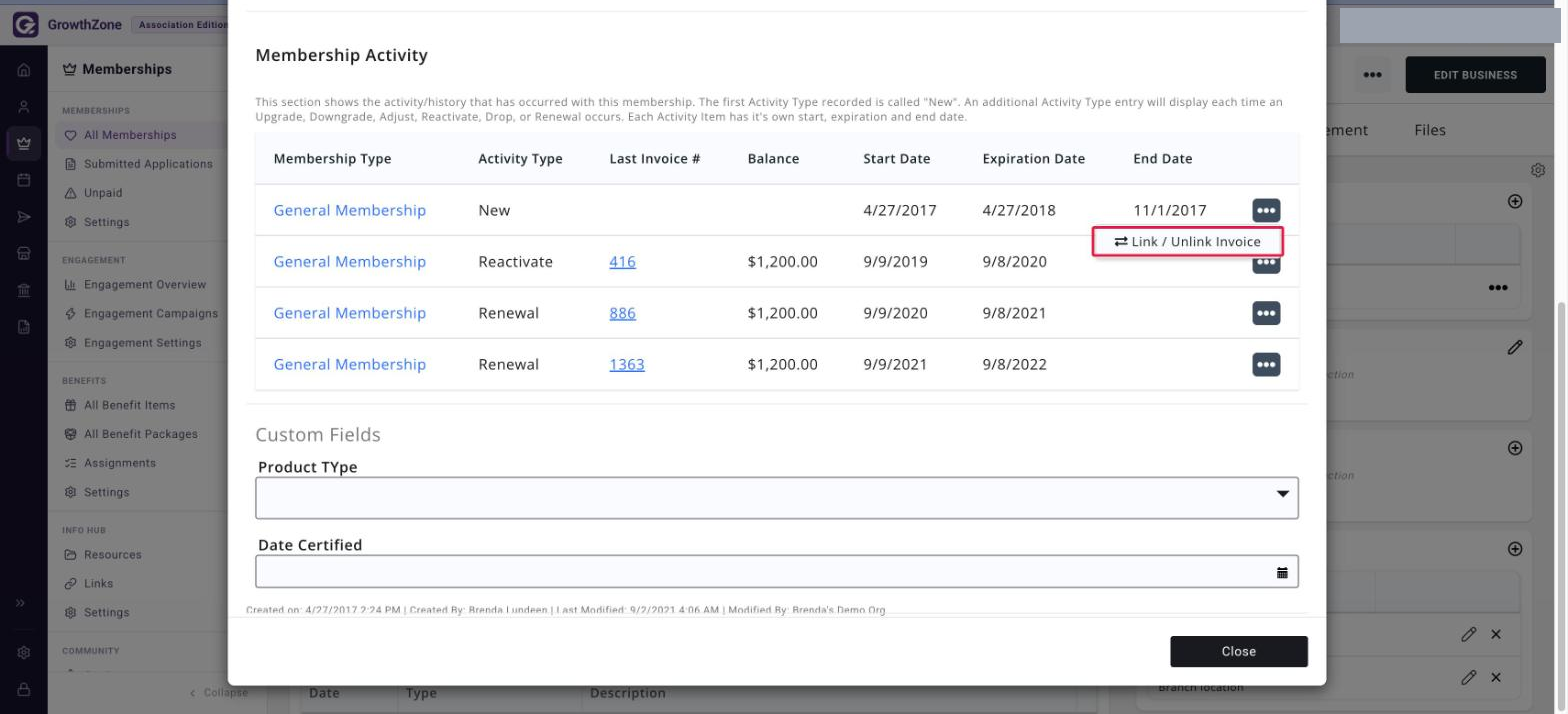 Membership Activity row menu open with LINK / UNLINK INVOICE boxed