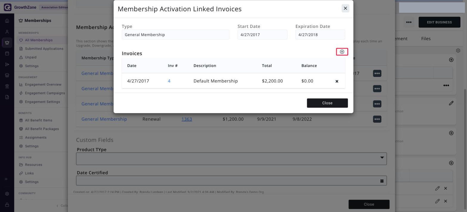 Membership Activation Linked Invoices window with the add (+) button beside the Invoices heading boxed