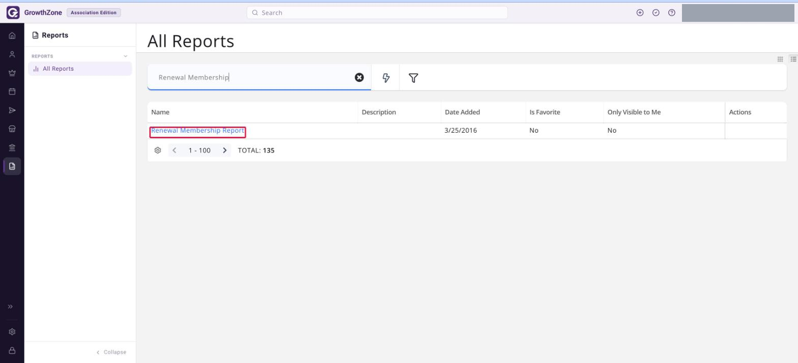 All Reports page filtered to Renewal Membership, with the Renewal Membership Report link boxed in red