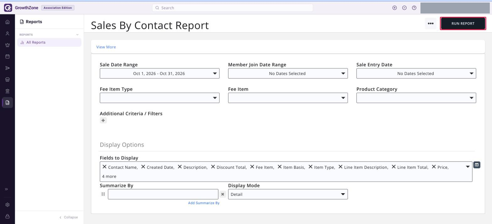 Sales By Contact Report filter screen showing Sale Date Range, Member Join Date Range, Sale Entry Date, Fee Item Type, Fee Item and Product Category, with the RUN REPORT button…