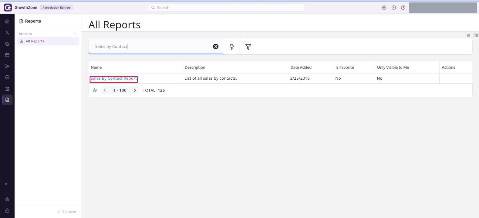 All Reports page filtered to Sales by Contact, with the Sales By Contact Report link boxed in red