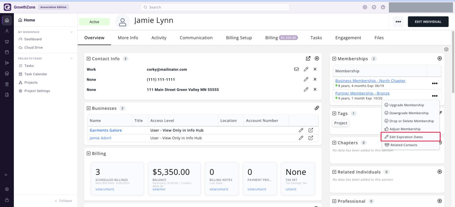 Contact record Overview tab with the membership ellipsis menu open and EDIT EXPIRATION DATES boxed