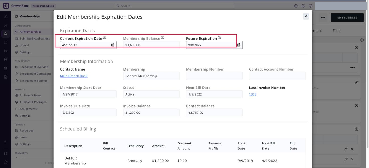 Edit Membership Expiration Dates window with the CURRENT EXPIRATION DATE and FUTURE EXPIRATION fields boxed
