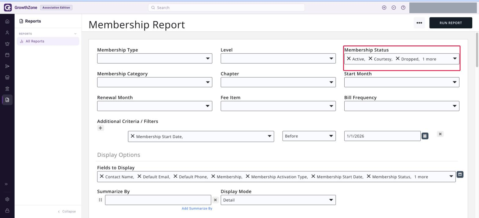 Membership Report filters with Membership Status set to Active, Courtesy, Dropped and Expired boxed in red, and the same Membership Start Date Before criteria still in place