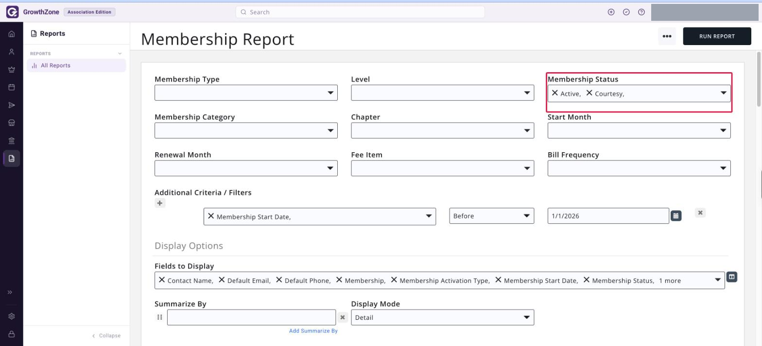 Membership Report filters with Membership Status set to Active and Courtesy boxed in red, and the Membership Start Date Before criteria row boxed in red