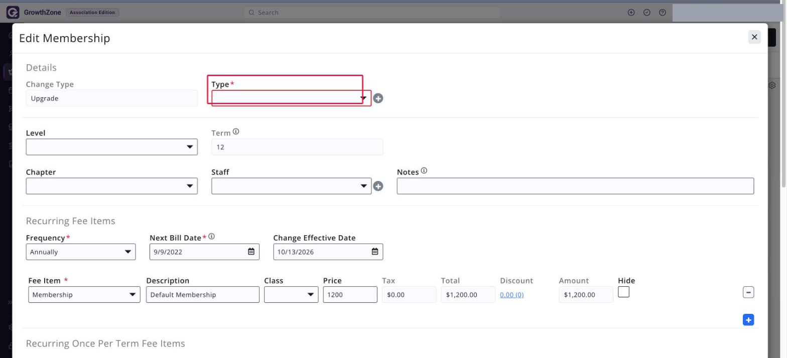 Edit Membership window with Change Type set to Upgrade and the TYPE drop-down boxed
