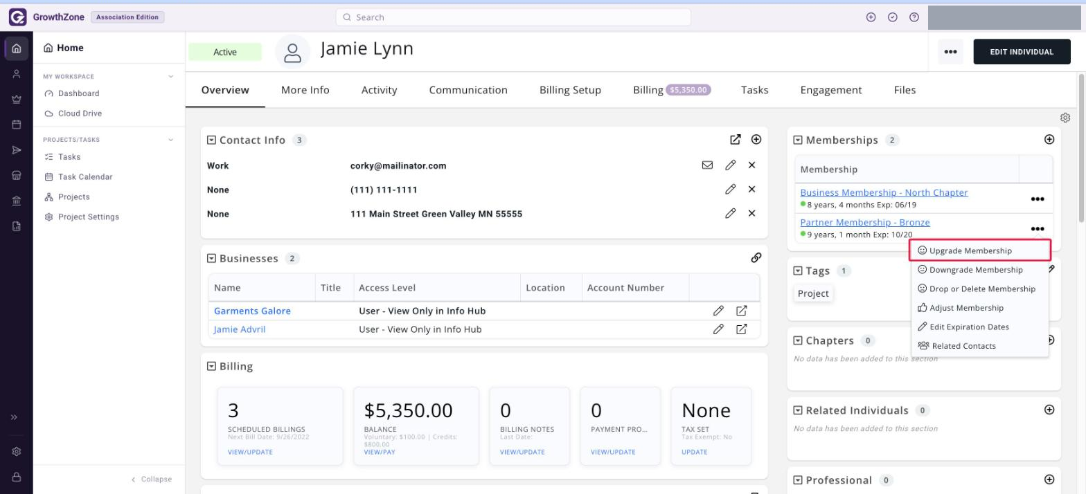 Contact record Overview tab with the membership ellipsis menu open and UPGRADE MEMBERSHIP boxed