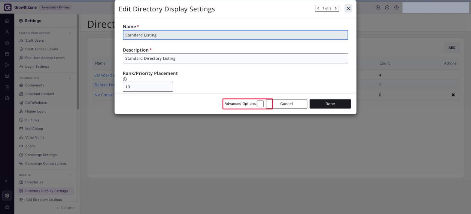 Edit Directory Display Settings dialog showing Name, Description and Rank/Priority Placement, with the Advanced Options check box in the footer boxed in red