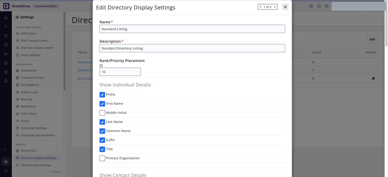 Edit Directory Display Settings dialog with Advanced Options ticked, showing the Show Individual Details check boxes