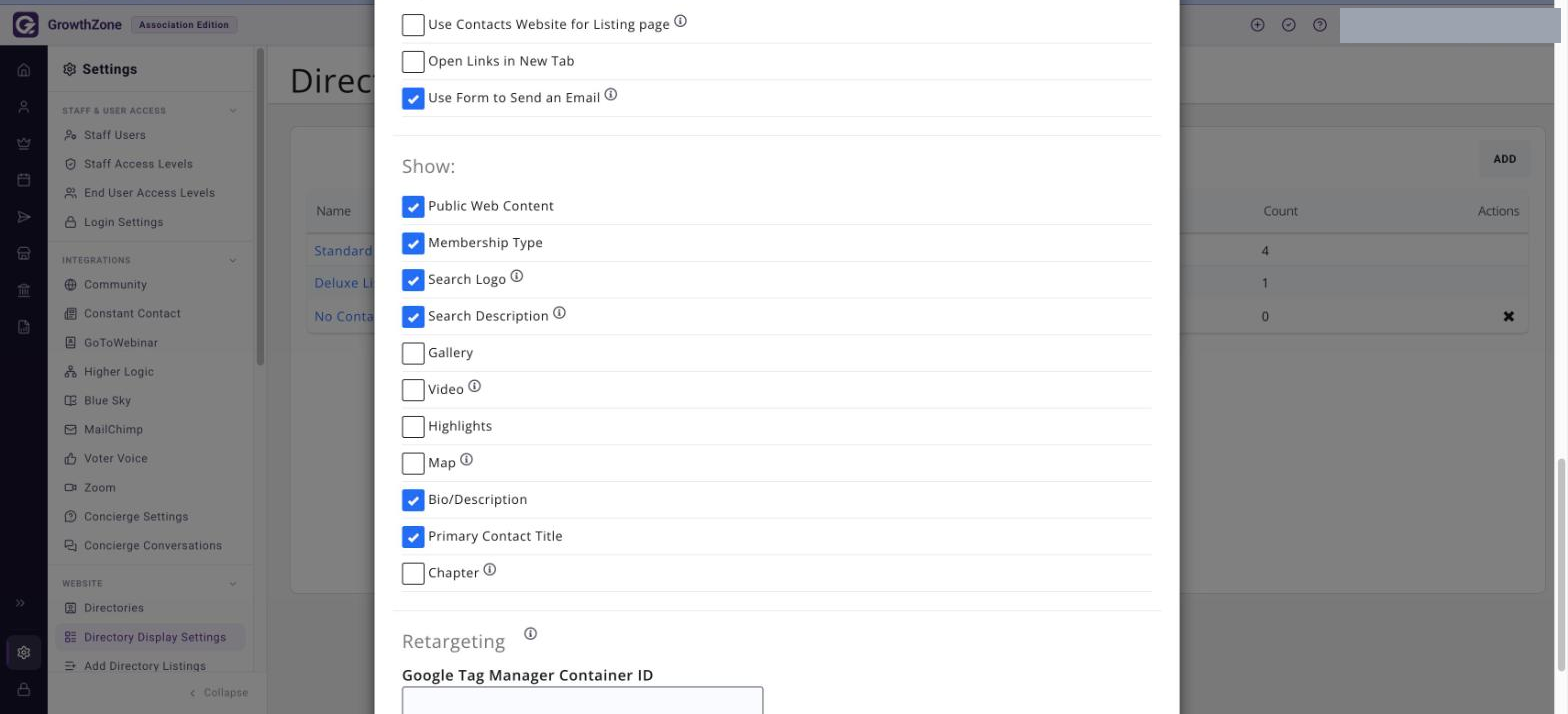 Edit Directory Display Settings dialog showing the Options section with Use Contacts Website for Listing page, Open Links in New Tab and Use Form to Send an Email, and the Show…