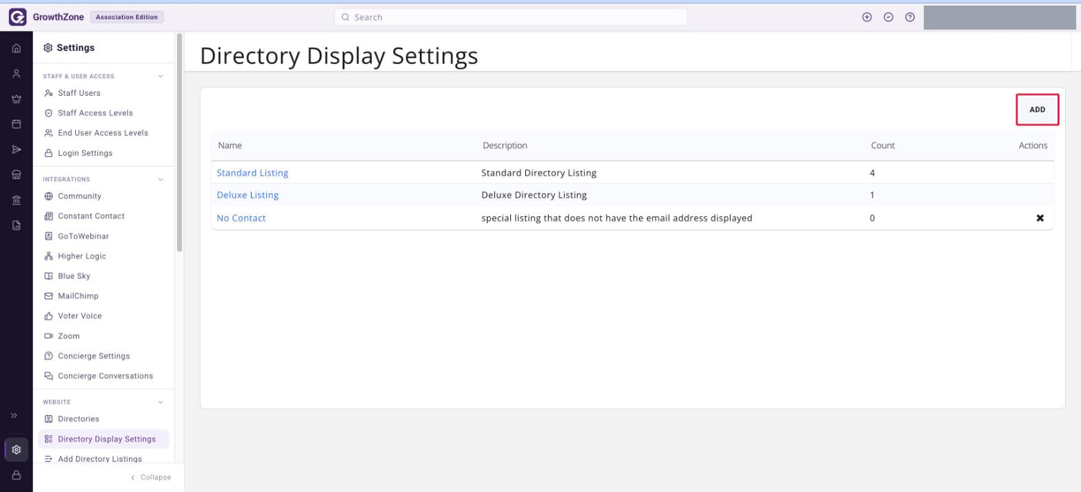Directory Display Settings page listing Standard Listing, Deluxe Listing and No Contact, with the ADD button boxed in red