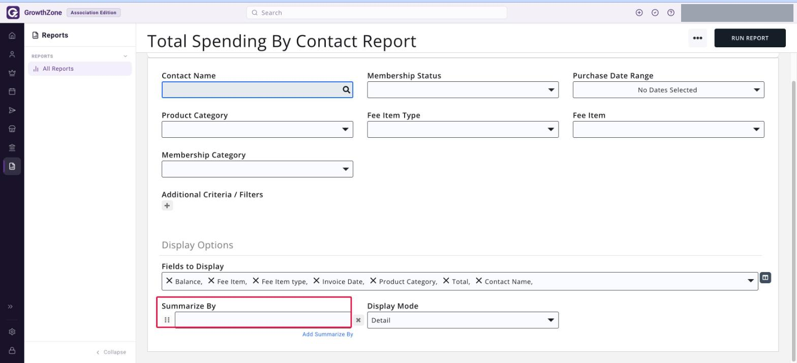 Total Spending By Contact Report criteria page with the SUMMARIZE BY control boxed