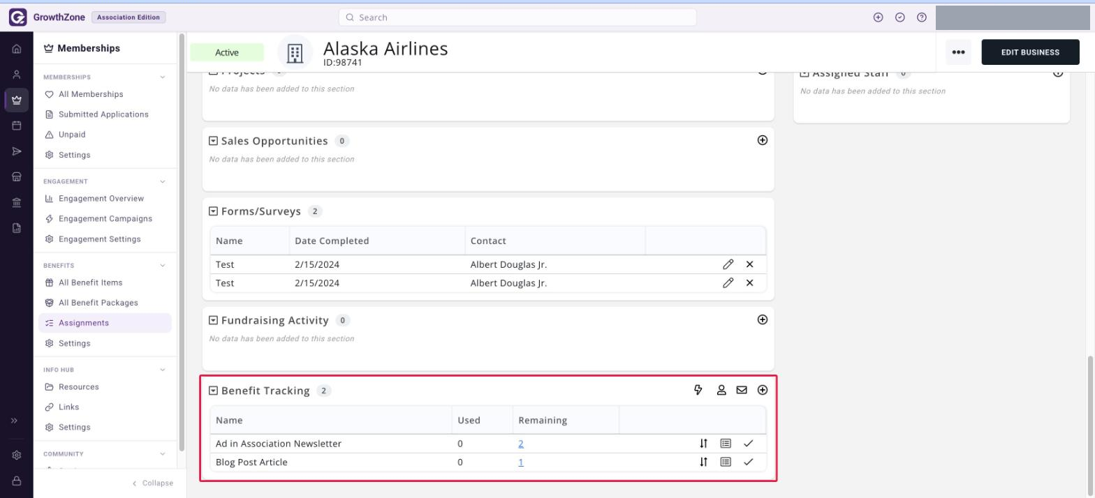 Benefit Tracking section on a contact record Overview tab, boxed in red, showing the Name, Used and Remaining columns and the row action icons
