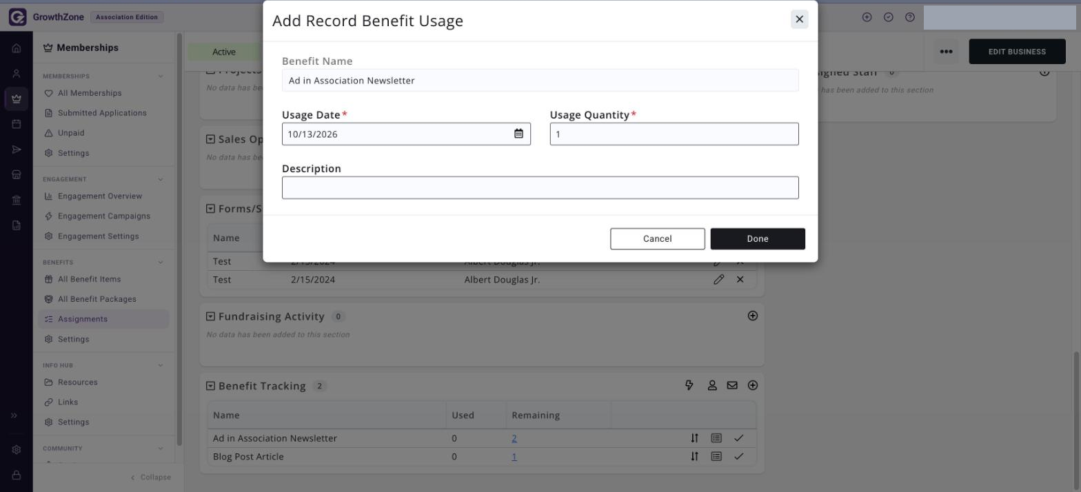 Add Record Benefit Usage dialog showing the Benefit Name, Usage Date, Usage Quantity and Description fields with the Cancel and Done buttons