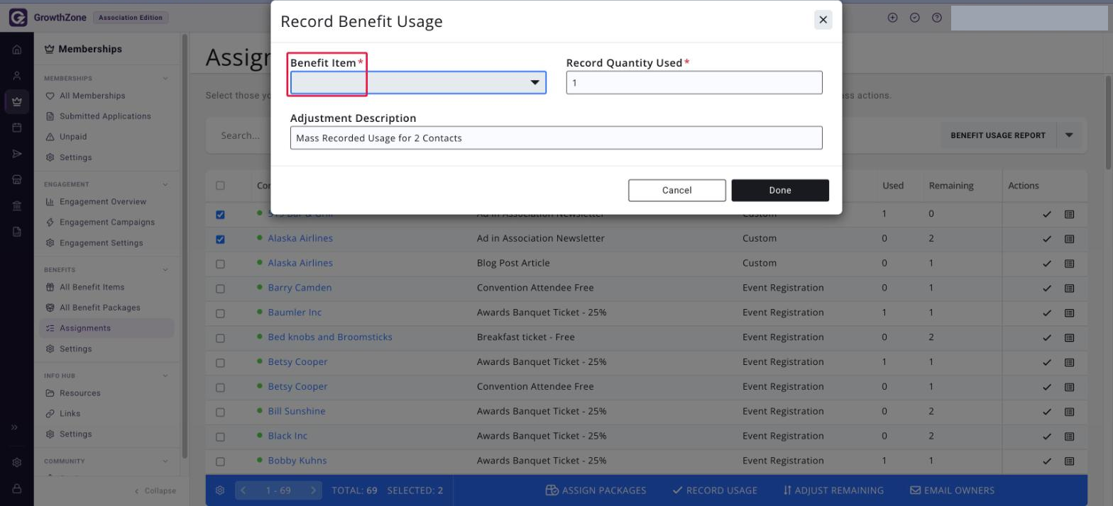 Record Benefit Usage dialog showing the Benefit Item, Record Quantity Used and Adjustment Description fields with the Cancel and Done buttons