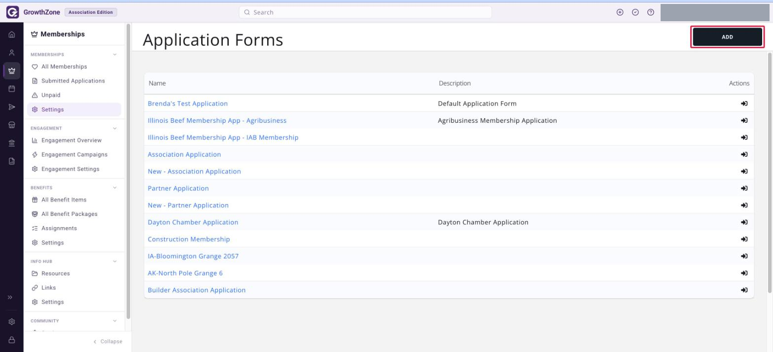 Application Forms page listing the existing forms, with the ADD button boxed in red