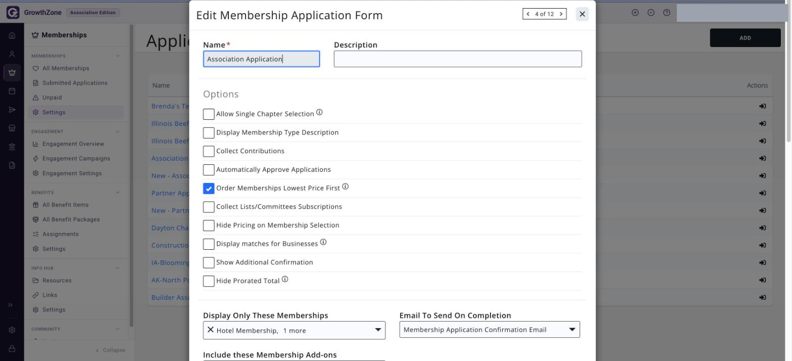 Edit Membership Application Form dialog showing the Name and Description fields and the full Options check box list, plus Display Only These Memberships and Email To Send On…