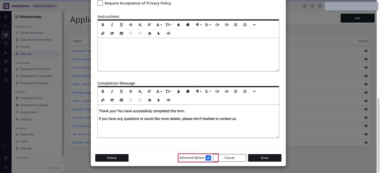 Edit Membership Application Form dialog footer with the Advanced Options check box boxed in red, beside the Delete, Cancel and Done buttons
