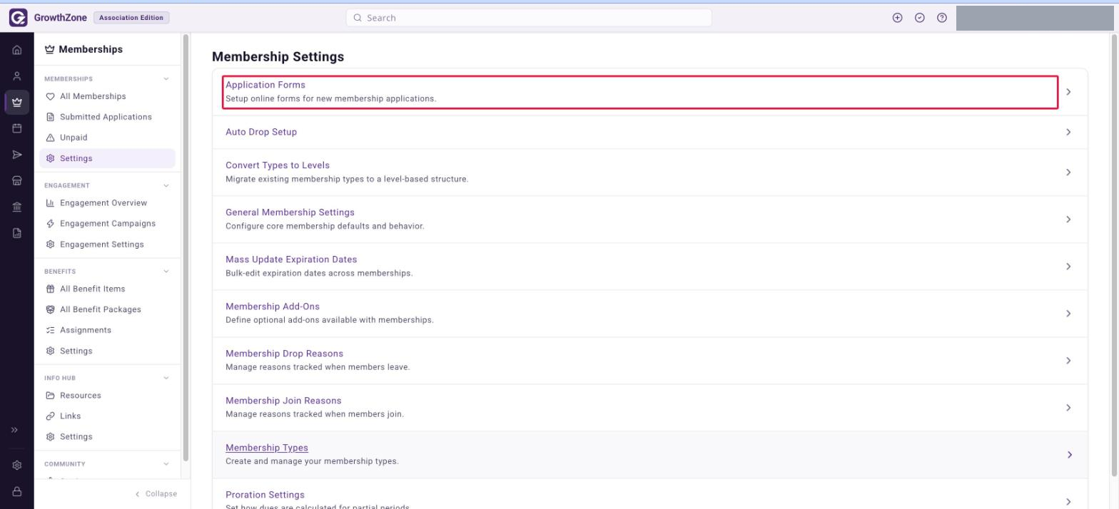 Membership Settings page with the Application Forms entry boxed in red