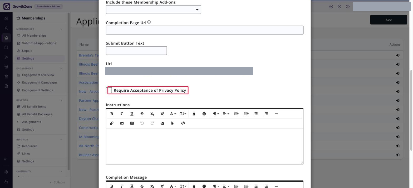 Edit Membership Application Form dialog showing Completion Page Url, Submit Button Text and Url, with the Require Acceptance of Privacy Policy check box boxed in red