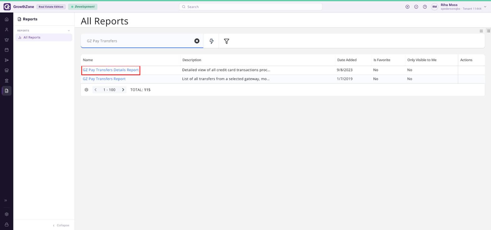 All Reports page searched for GZ Pay Transfers, with GZ Pay Transfers Details Report boxed