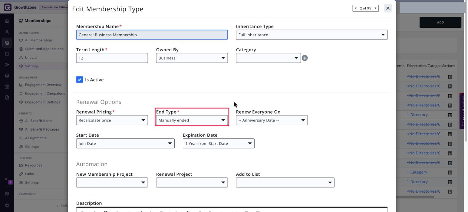 Edit Membership Type window, Renewal Options section, with the End Type list boxed