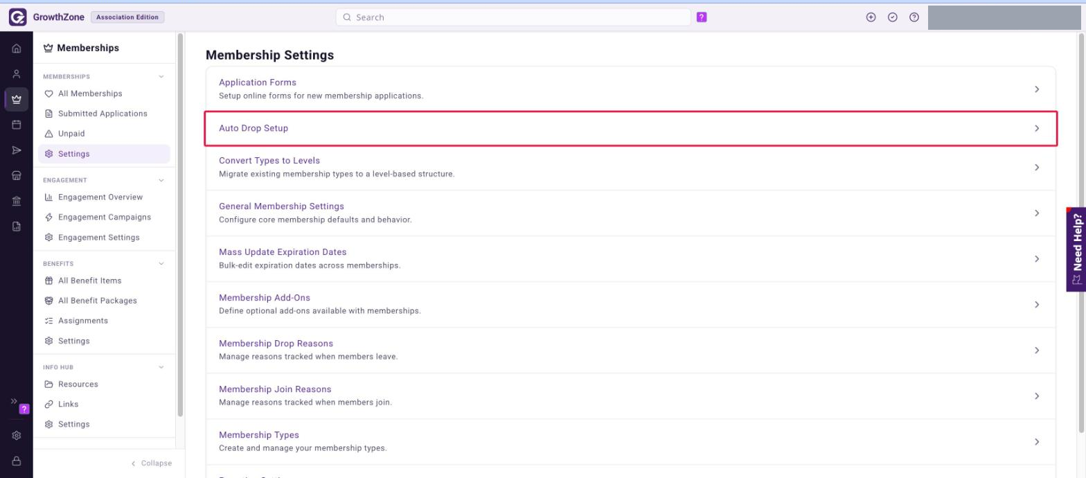 Membership Settings page with the Auto Drop Setup row boxed in red