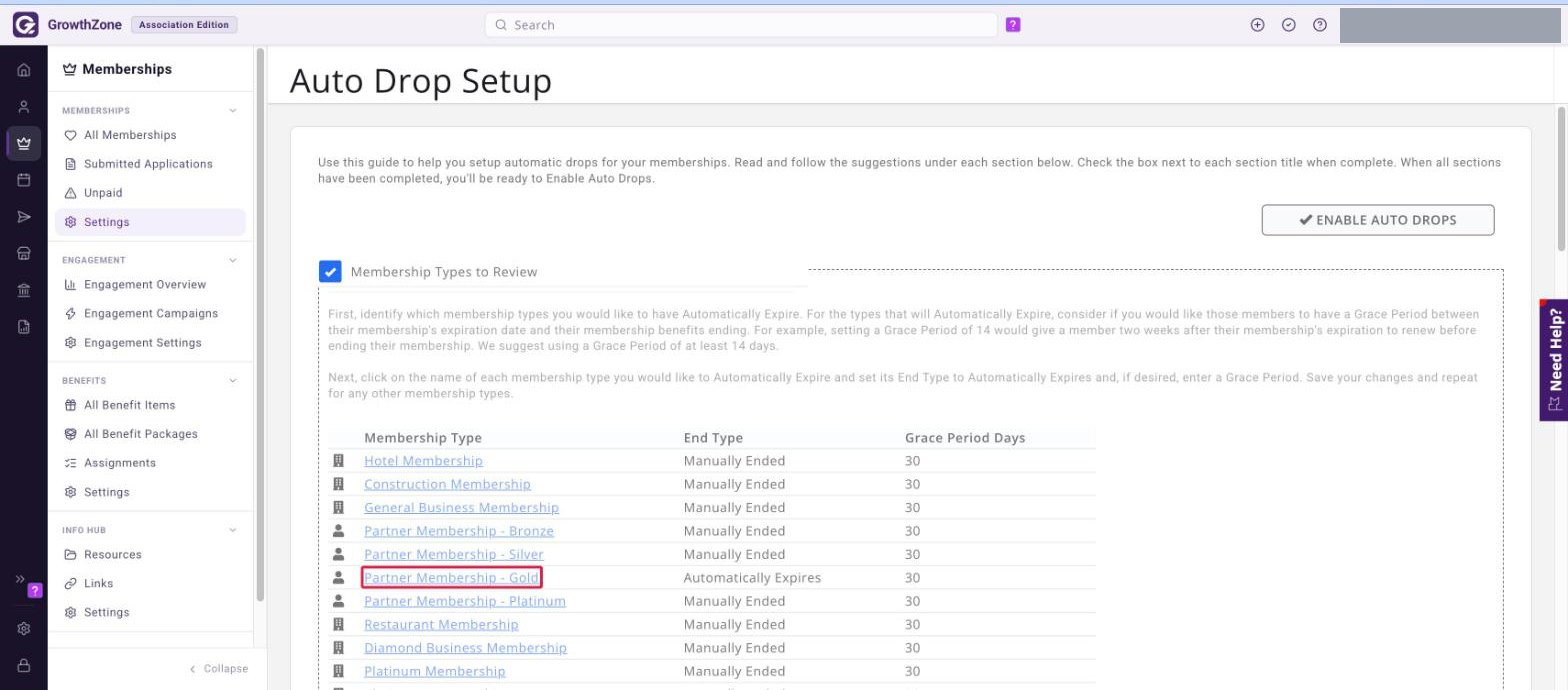 Auto Drop Setup page showing the Membership Types to Review grid with its Membership Type, End Type and Grace Period Days columns, and one membership type name boxed in red